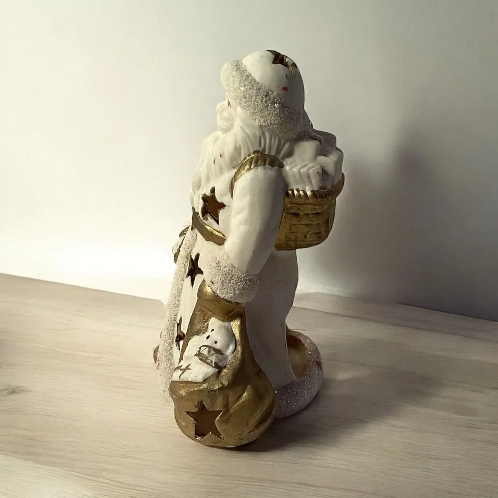 Vintage White and Gold Ceramic Santa Votive/Tea Light Candle Holder